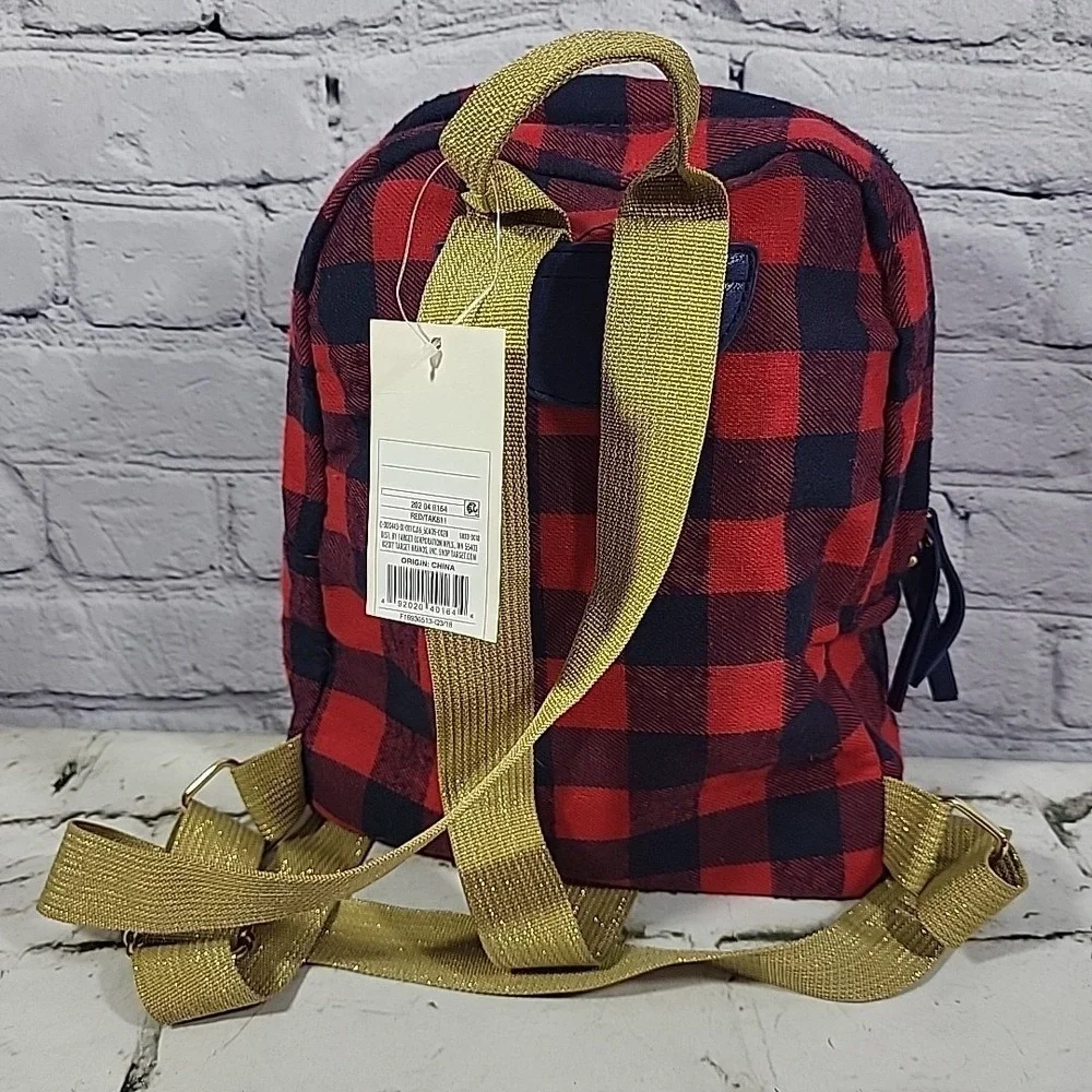 Cat & Jack Buffalo Plaid‎ Adjustable Gold Glitter Straps Kids Backpack